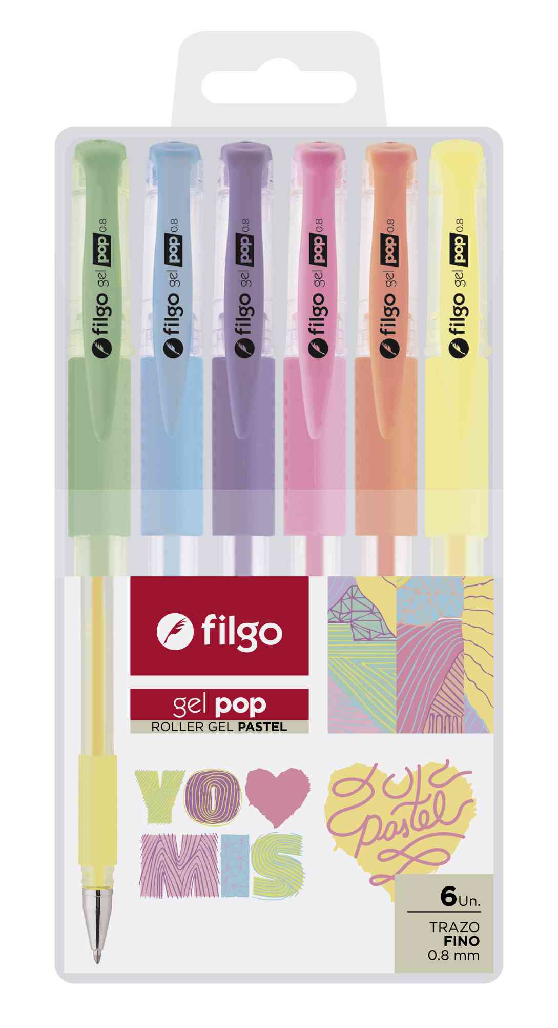 Set 6 lápices gel pastel 0.8mm Filgo