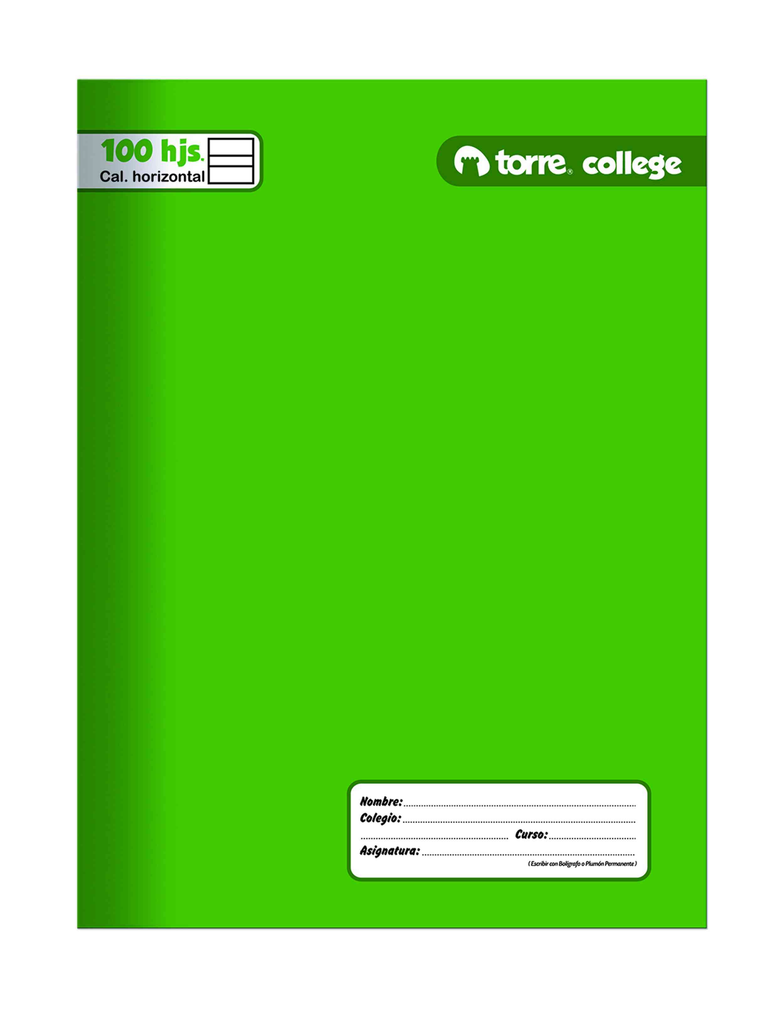 Cuaderno College Liso Caligrafia Horizontal 100 hjs Torre